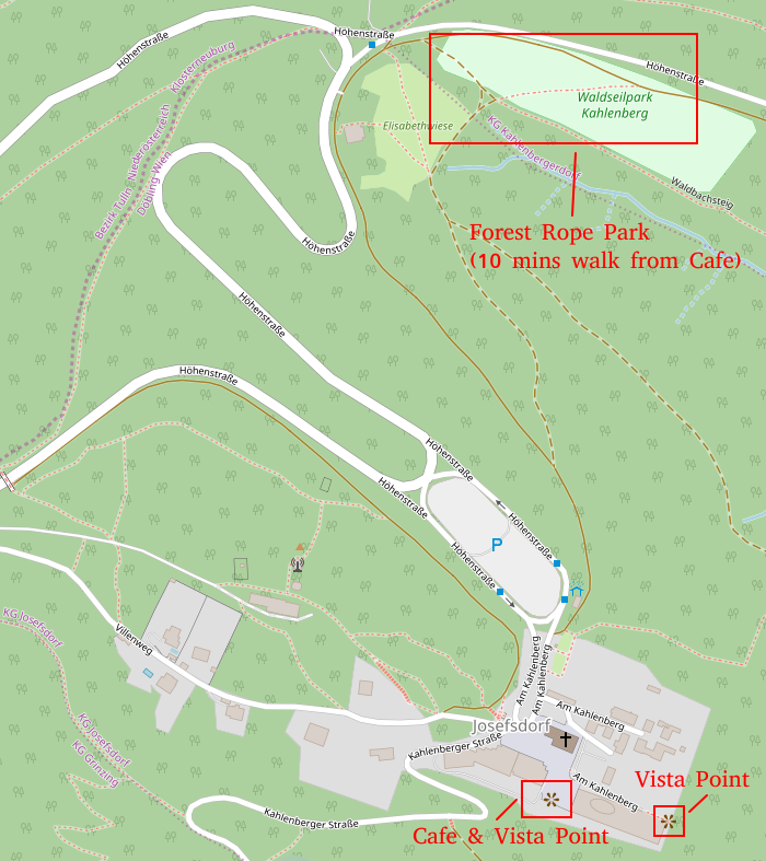 Map of Kahlenberg showing the vista point and Forest Rope
Park