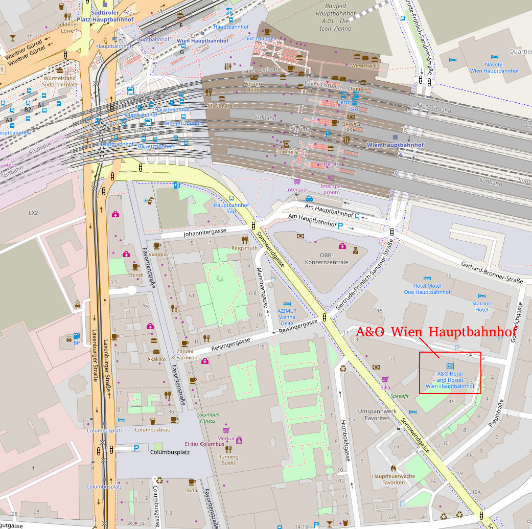 Map showing location of A&amp;O Wien Hauptbanhof
