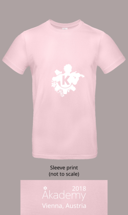 Image of front and sleeve of pink Akademy 2018 t-shirt