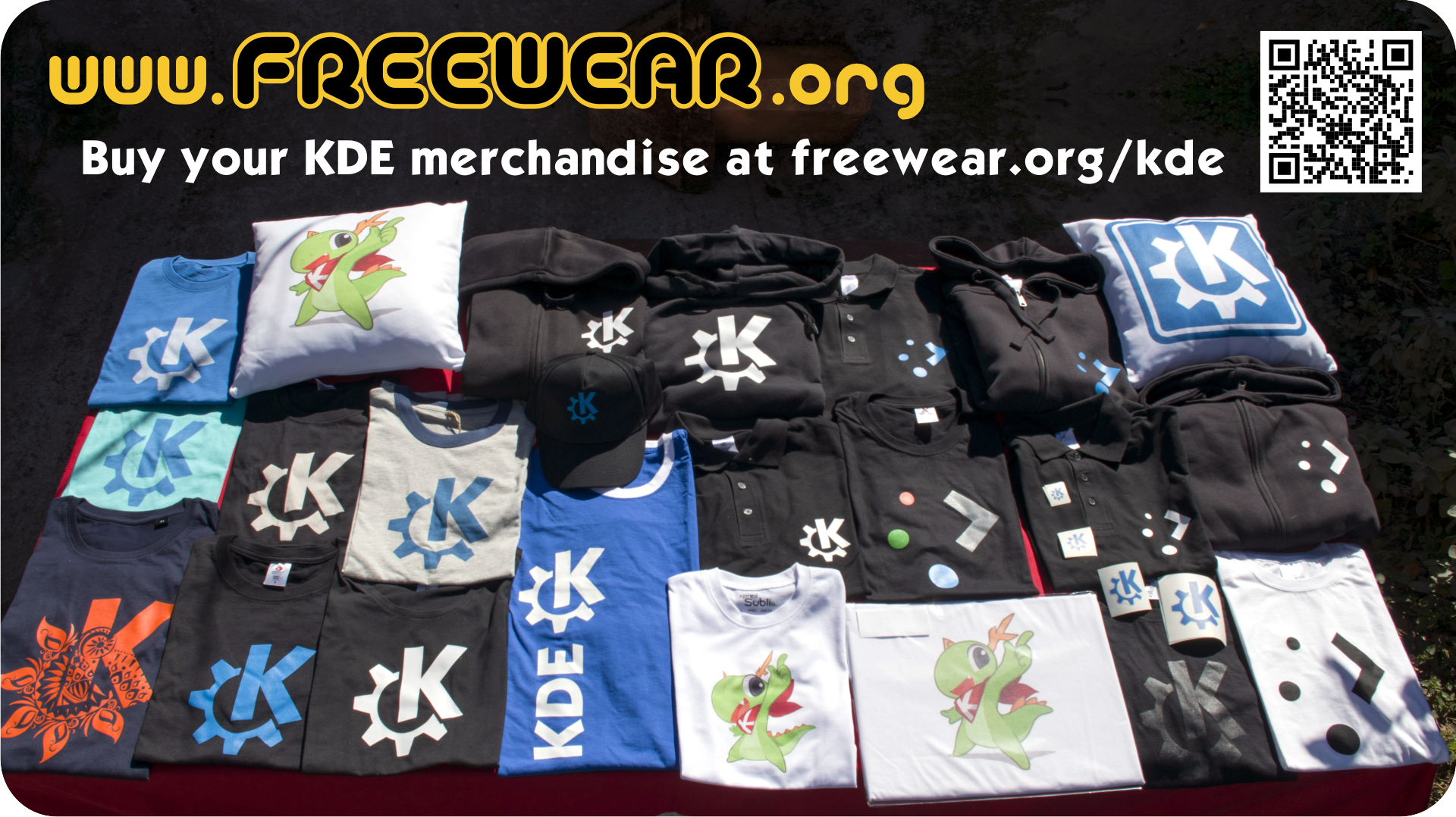 Image of KDE branded shirts and pillows from
Freewear