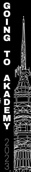 Banner of size 110 pixels wide and 600 pixels high with the words
  'GOING TO AKADEMY 2023' next to a drawing of a tower
