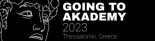 Banner of size 600 pixels wide by 160 pixels high with the words
      'GOING TO AKADEMY 2023 Thessaloniki, Greece' on the right of a 
       drawing of a face