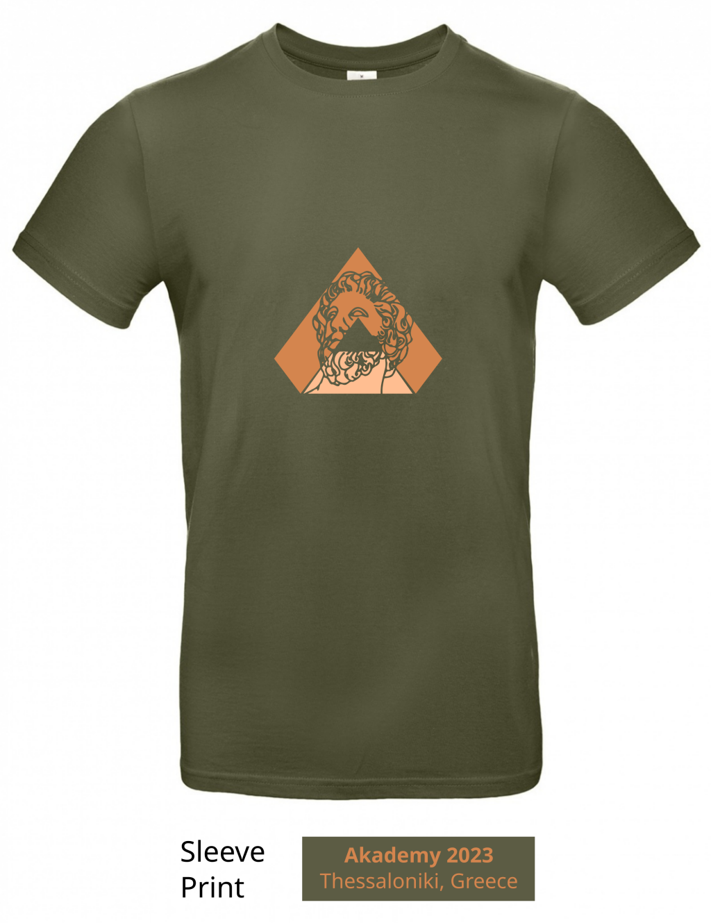 Dark grey t-shirt with outline of a head on a dark and light orange triangle